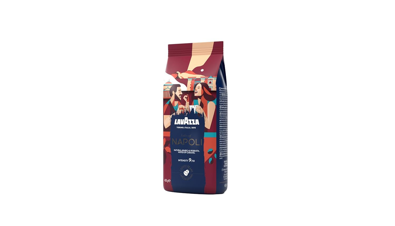 Lavazza, Tales of Napoli, boabe de cafea, ideale pentru espressoare, cu note aromatice de cacao și caramel, Arabica și Robusta, intensitate 9/10, prăjire intensă, 450 g