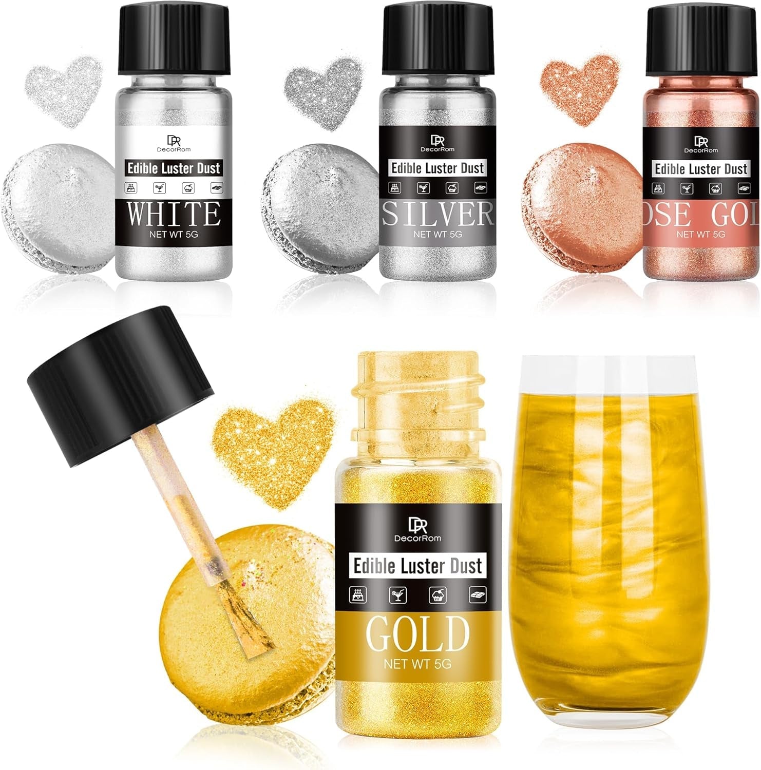 Set de sclipici comestibil - 4 culori metalice, pudră sclipici comestibilă - pudră fără gust pentru băuturi și prăjituri, pudră colorant alimentar pentru decorarea cocktailurilor, sclipici comestibil (5 g/sticlă)