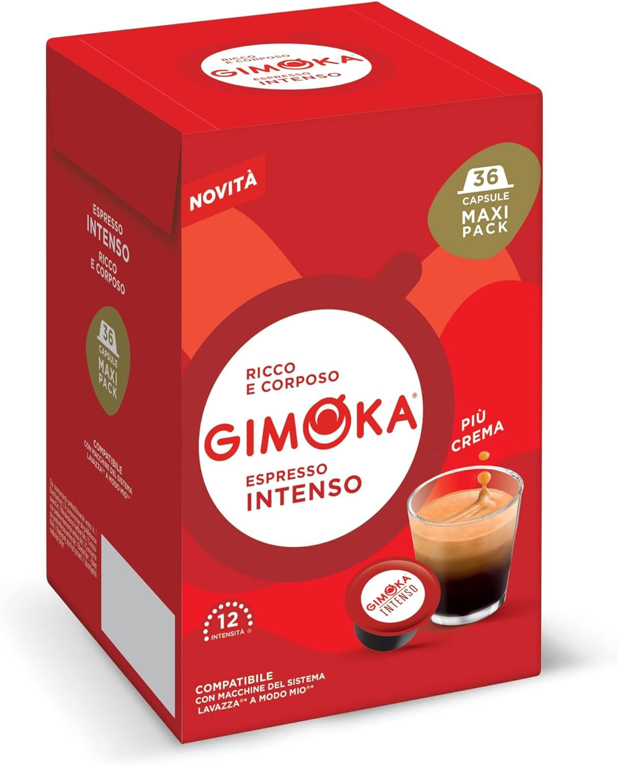 Gimoka Kaffeekapseln Espresso Intenso Kaffeemischung, Intensität 12-144 Kapseln Kompatibel mit Lavazza* A Modo Mio* Haushalts-Espressomaschinen, 144 Stück (4 x 36 Getränke) Hergestellt in Italien