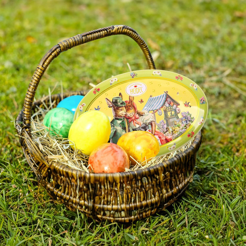 Heidel húsvéti kártya díszdoboz 183g, prémium tejcsokoládé praliné dekoratív fémdobozsal, ideális húsvéti ajándéknak