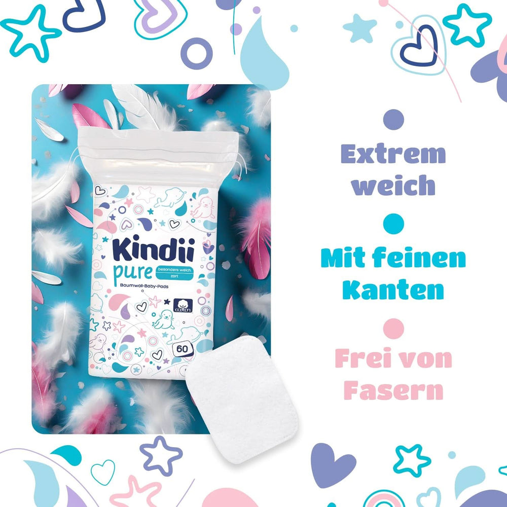 Kindii Pure Bababetétek - 100% pamut - Nagy, négyzet alakú betétek az érzékeny bőr számára - Helyettesíti a nedves törlőkendőket - Puha - Puha szélű Baby Wet Wipes Naty Shop