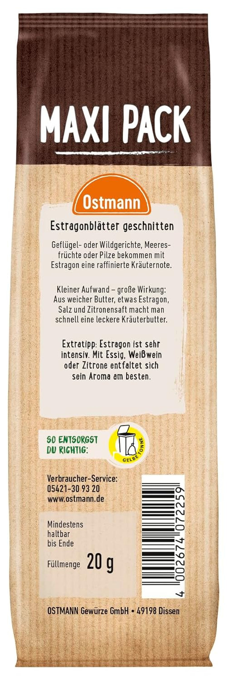 Ostmann Gewürze - Estragonblätter geschnitten | Zum Verfeinern von Salatsaucen, Gemüsegerichten und Remouladen | 20 g zacskóban
