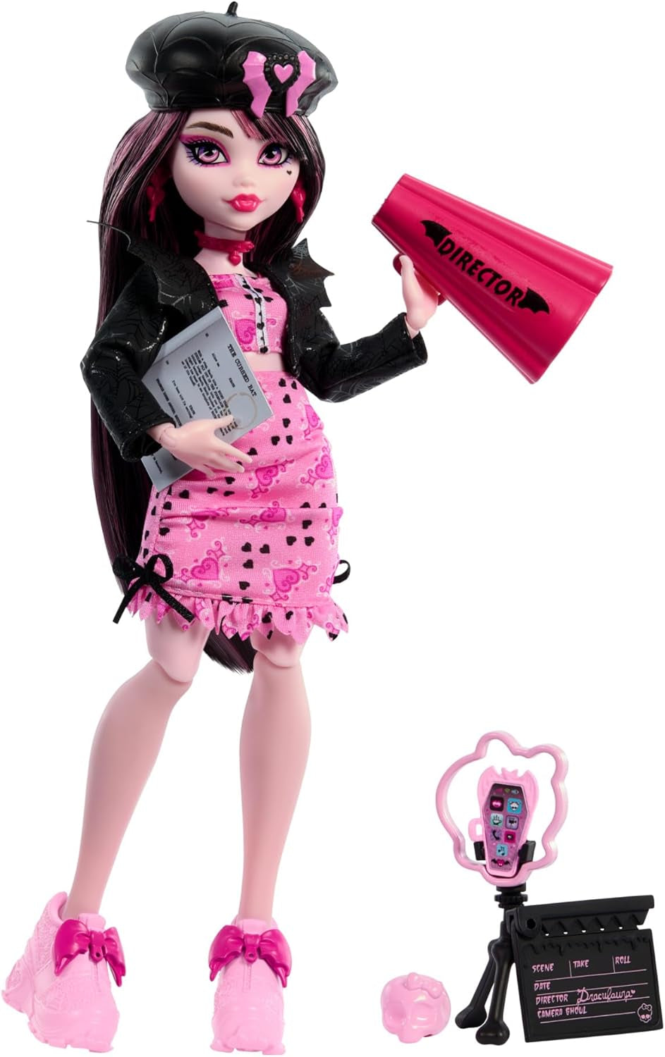 Monster High Draculaura baba kedvencével, gróf Mesés denevér macskával és olyan kiegészítőkkel, mint a hátizsák, varázskönyv, bento doboz és egyebek, HRP64 Naty Shop Dolls Movie Club téma