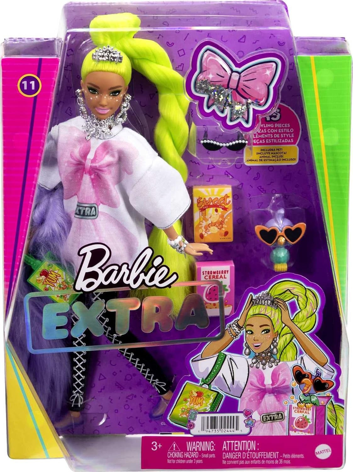Barbie HDJ44 - Extra Puppe #11 in übergroßem T-Shirt & Leggings mit Haustier Papagei, extra langes neongrünes Haar & Zubehör, Flexible Gelenke, Spielzeug Geschenk für Kinder ab 3 Jahren