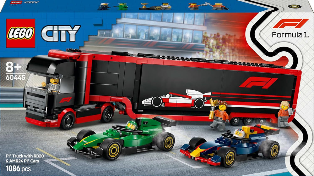 LEGO City F1 szállító RB20 és AMR24 F1 versenyautókkal – Játékautó-szállító Red Bull és Aston Martin Forma 1 csapatok számára – Beleértve 5 minifigura – Ajándék 8 év feletti fiúknak és lányoknak, 60445 építőkészlet Besuche den LEGO-Store