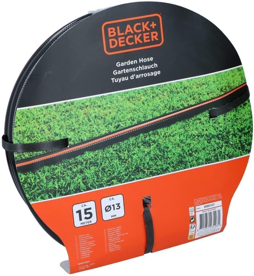 Furtun de grădină BLACK+DECKER 15 metri - Ø13MM - PVC durabil - Udarea grădinii, spălarea mașinii, umplerea piscinei - Compatibil cu orice robinet standard - Negru/Portocaliu