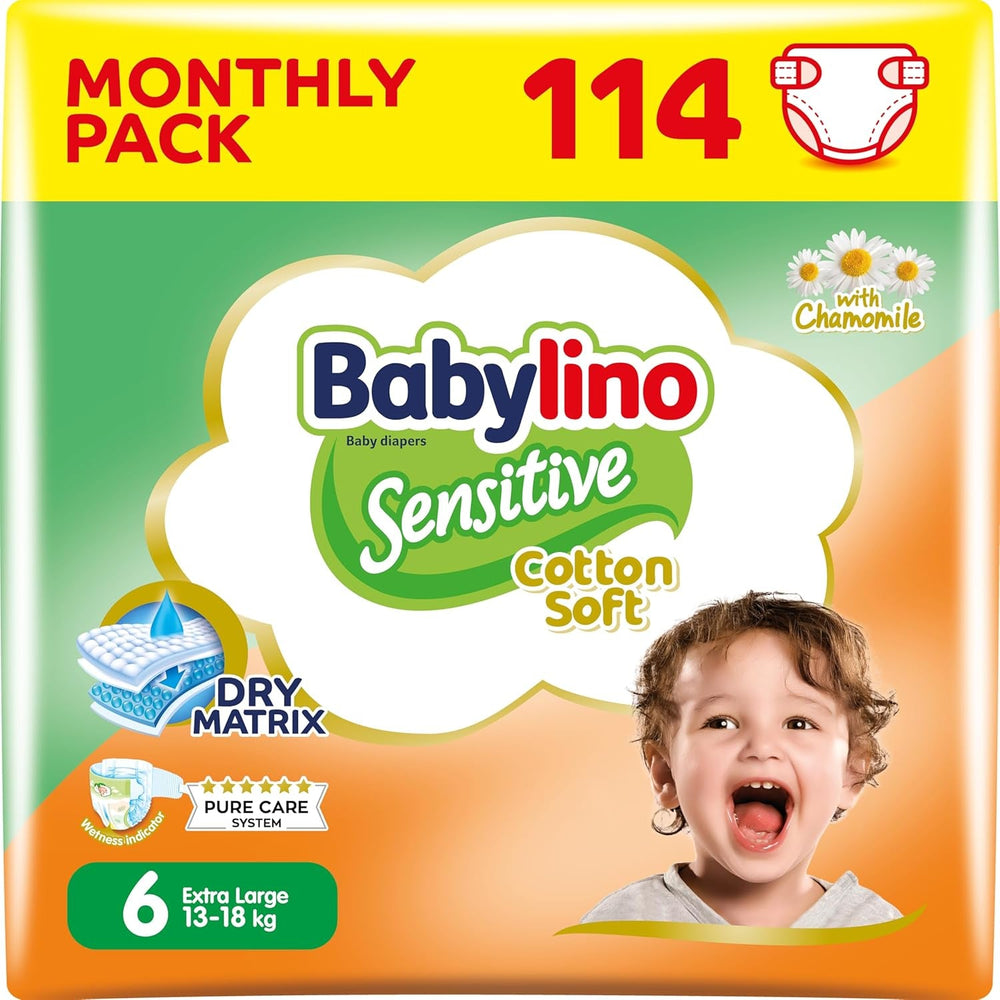 Scutece pentru bebeluși sensibili, mărimea 6, extra mari (13-18 kg), 114 scutece