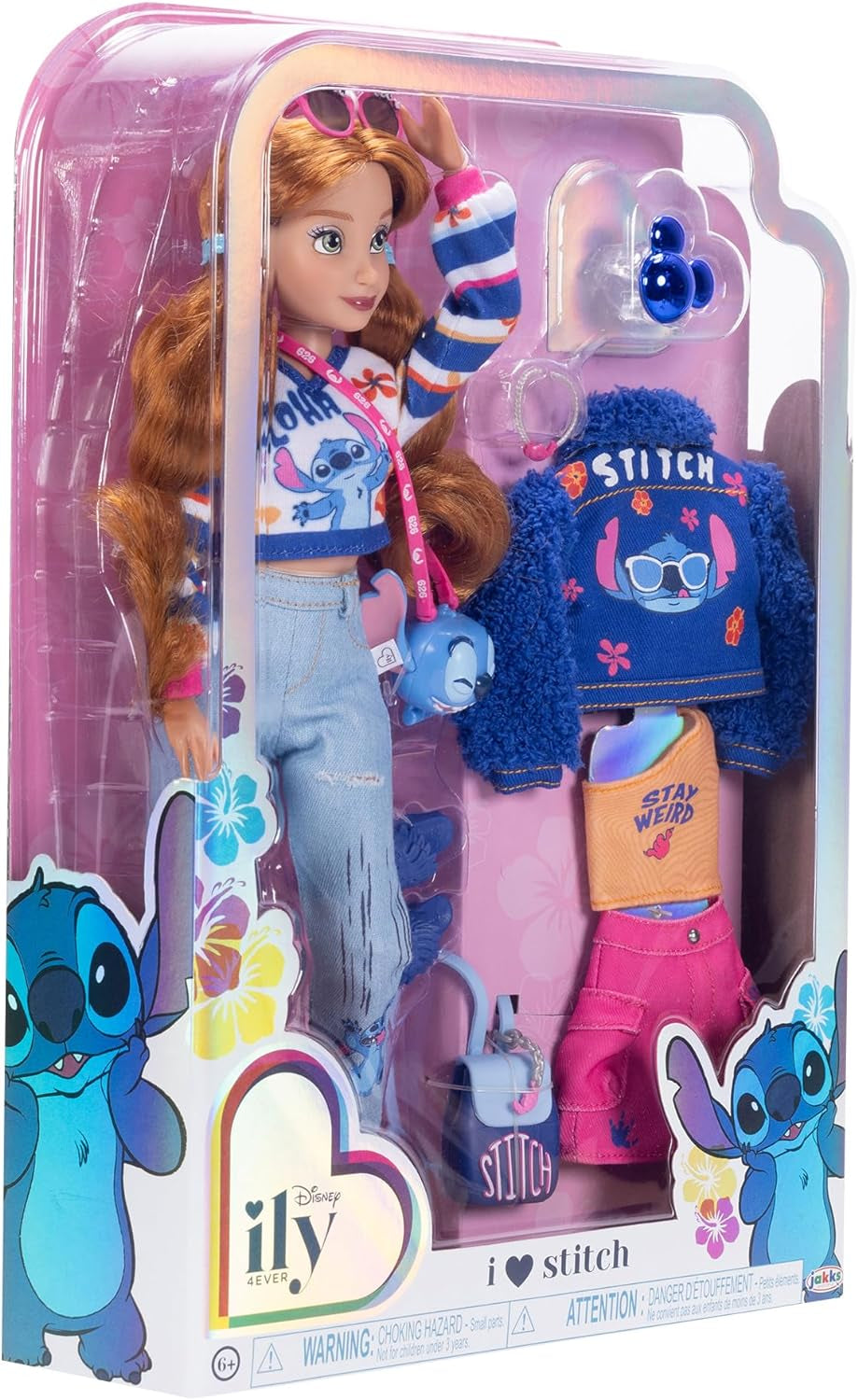 Păpuși la modă Disney ILY 4EVER Stitch cu păr roșu, 29 cm înălțime, cu 13 puncte de articulație, două ținute complete mix-and-match și un inel strălucitor cu Mickey pentru tine!
