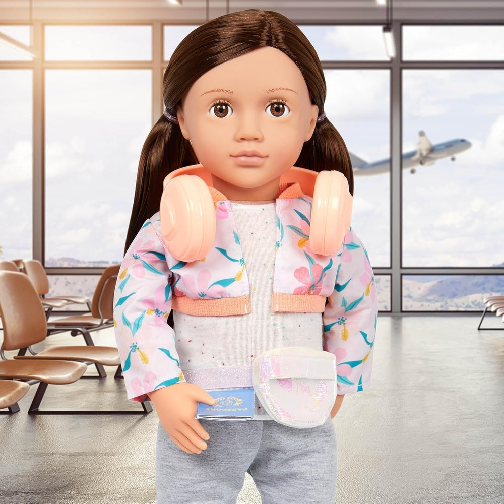 Our Generation - Reese - Bewegliche 46 cm-Puppe - Lebensechte braune Augen & langes braunes Haar - Handgepäck und Reisezubehör - Vorgetäuschtes Spiel - Spielzeug für Kinder ab 3 Jahren