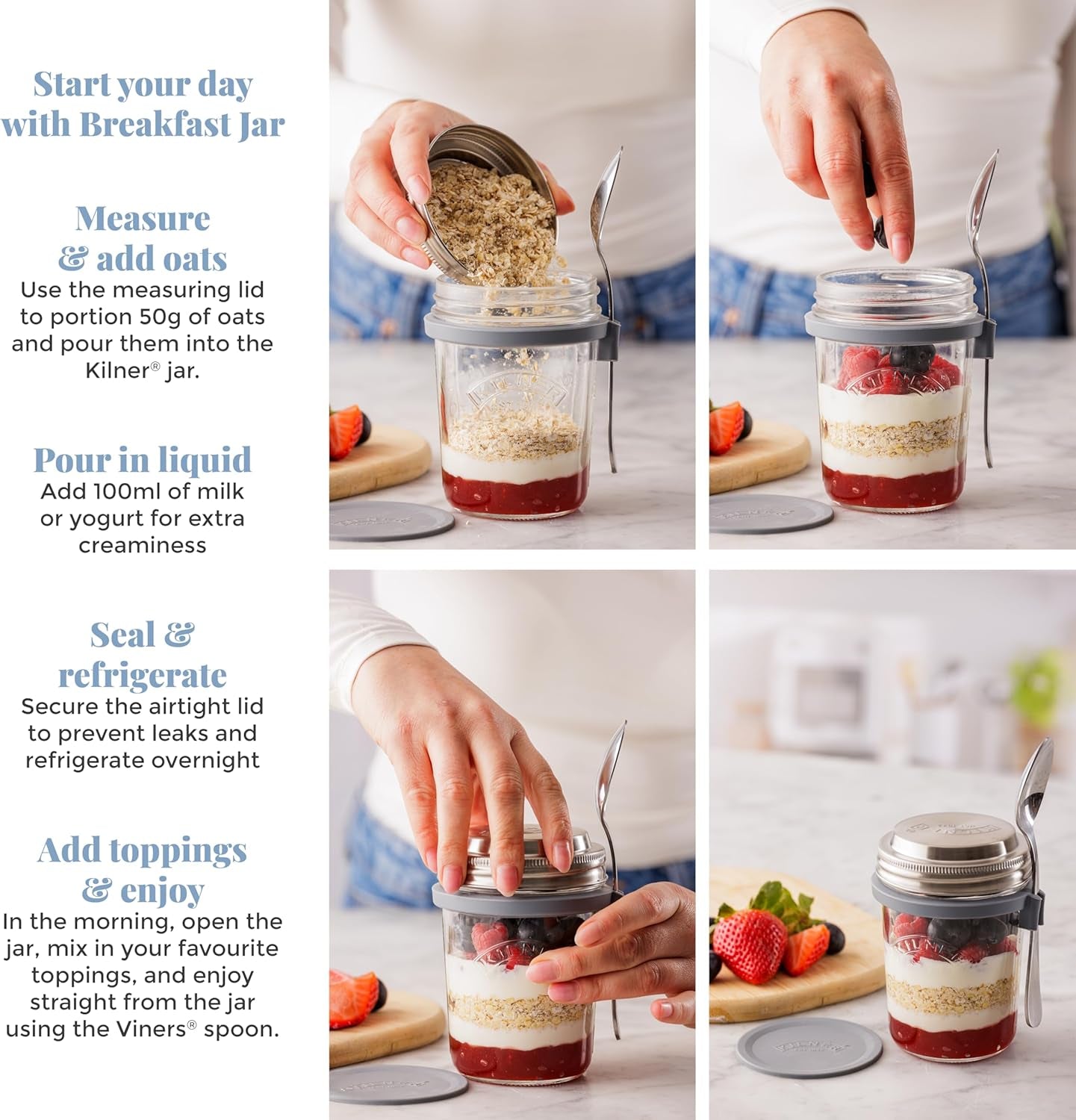 Borcan de mic dejun Kilner cu lingură / 350 ml, Ø 9,5 cm / 5 piese | cană pentru muesli la pachet / non-toxic / recipient din sticlă cu capac pentru muesli, terci și iaurt / recipient pentru ovăz peste noapte Cutii depozitare alimente Naty Shop