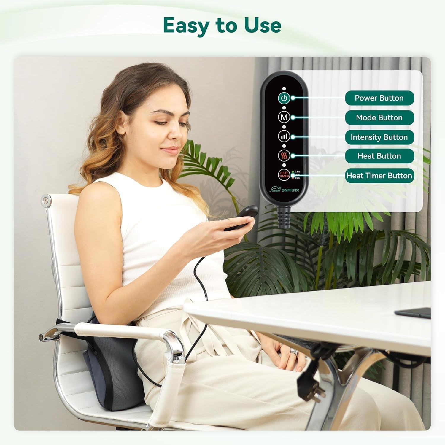 Pernă ergonomică Snailax pentru suport lombar cu masaj și căldură, pernă pentru spate Shiatsu din spumă cu memorie, pernă pentru șezut cu 3 intensități de masaj | 2 niveluri de căldură | 3 temporizatoare | postură confortabilă în șezut