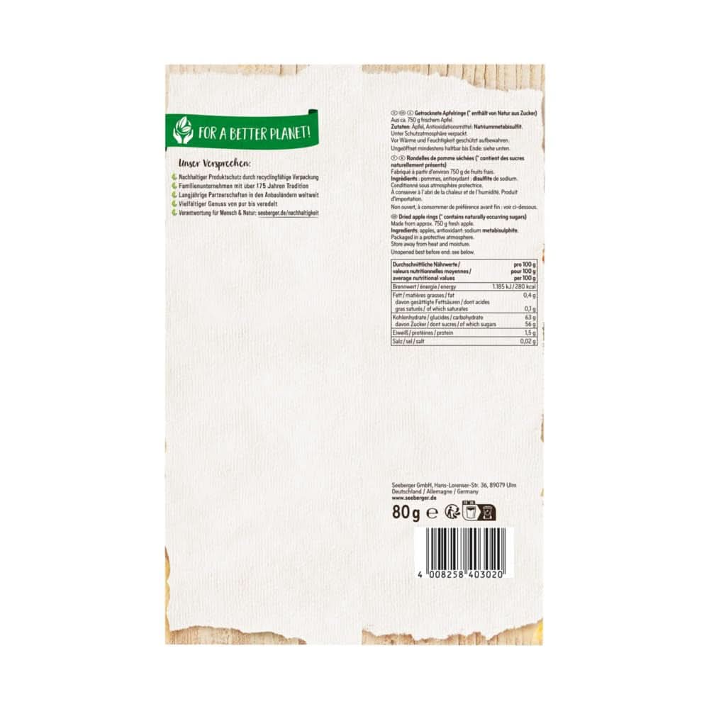 Seeberger, legjobb minőségű szárított alma szeletek, hozzáadott cukor nélkül, 10 x 80 gramm Szárított termékek Naty Shop