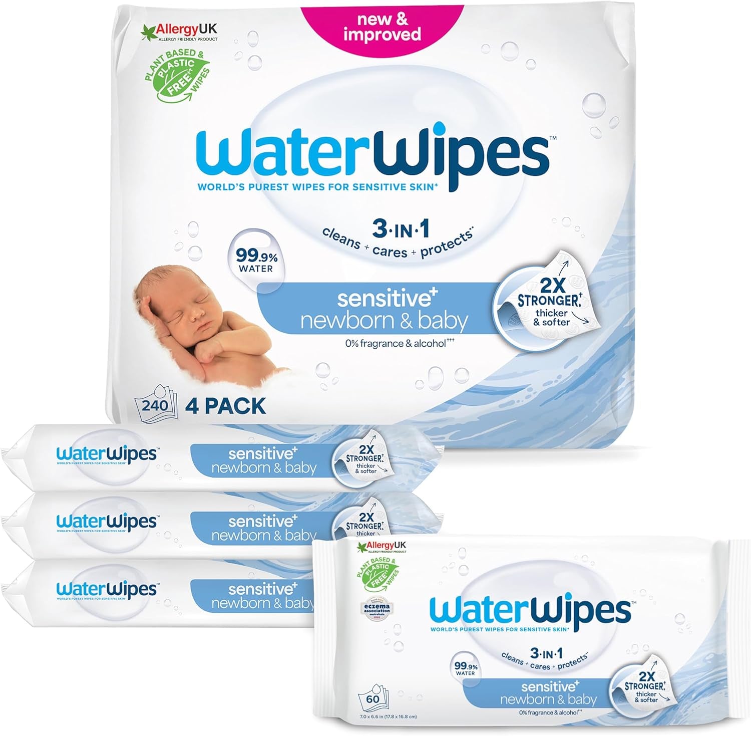 WaterWipes Sensitive+ nedves törlőkendő újszülötteknek és csecsemőknek, 540 db (9 csomag), 3 az 1-ben tisztítás, ápolás, védelem, 99,9% víz, illatmentes