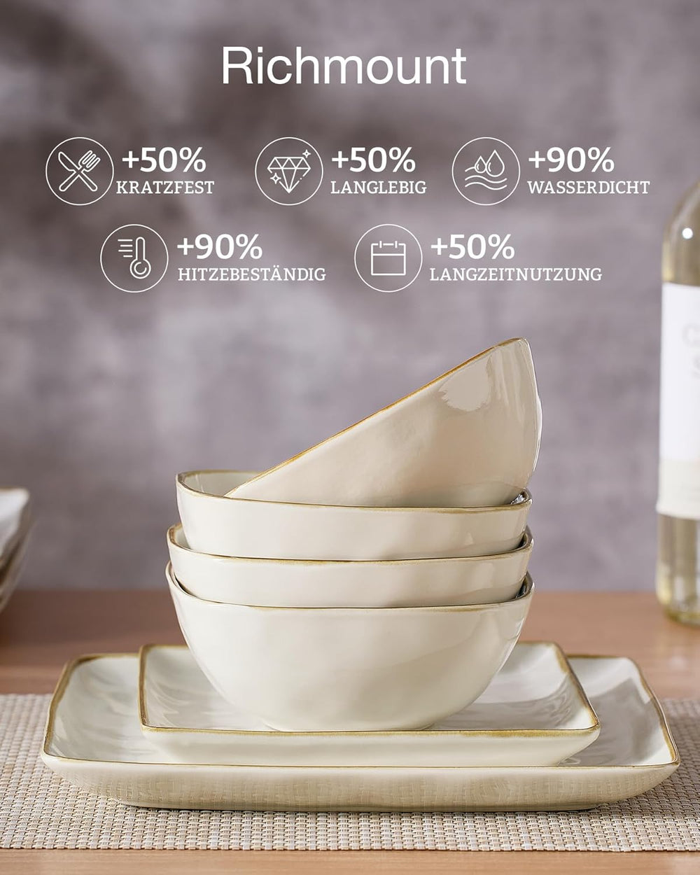 Set de veselă din gresie pentru 6 persoane, seria Ocean, set de veselă pătrată cu 18 piese, set de farfurii, serviciu combinat cu glazură reactivă, veselă rezistentă la zgârieturi, bej