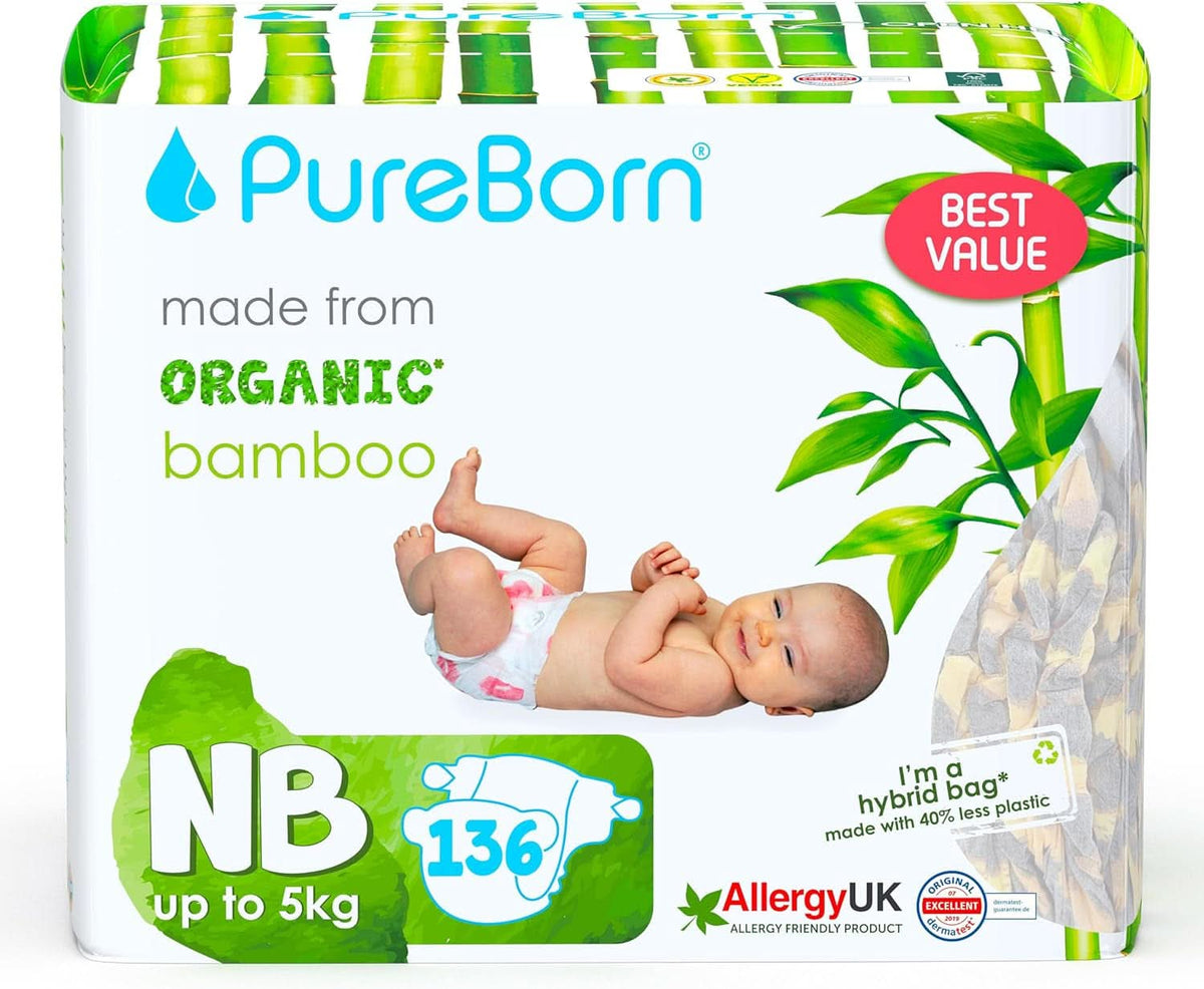 Pureborn Eco bio bambusz pelenka, újszülött méret (5 kg-ig), környezetbarát, hipoallergén, ultrapuha, nedvességjelzővel, különféle nyomatokkal Mother and Baby Naty Shop Newborn (136 db)