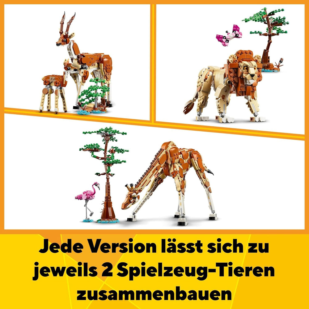 LEGO Creator 3 az 1-ben állatszafari, kreatív készlet állatfigurákkal, 3 építési lehetőség: játék zsiráf, gazella és oroszlán, játékállatok lányoknak és fiúknak, természetes ajándék 9 év feletti gyerekeknek 31150 Építőkészletek Beuche den LEGO-Store