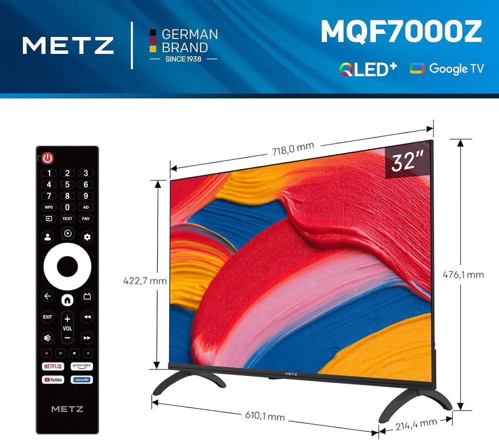 Televizor LED inteligent Metz QLED de 32 inch (80 cm), Google Tele HDR 10, Dolby Audio, Bluetooth 5.1, tuner EyeCare, DVB-T/-T2/-C/-S/-S2 CI+ (model 2025, negru 32MQF7000Z)