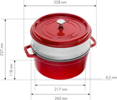 STAUB Gusseisen Bräter/Cocotte, Mit Dämpfeinsatz Aus Edelstahl, Rund 26 cm, 5,2 L, Aromaregen Funktion Für Optimale Befeuchtung, Für Alle Herdarten Inkl. Induktion & Backofen, Kirschrot, Rot Formák és tálcák sütéshez Naty Shop
