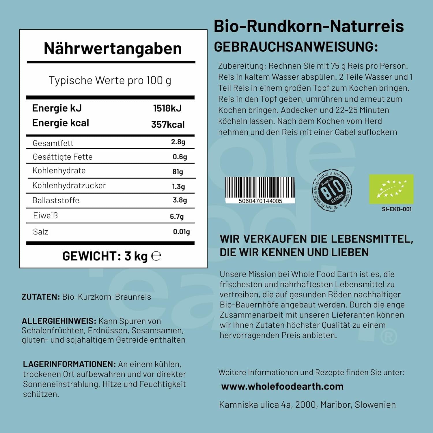 Teljes értékű földből készült bio rövid szemű barna rizs 3 kg nem GMO vegán rostforrás ellenőrzött biogazdálkodásból