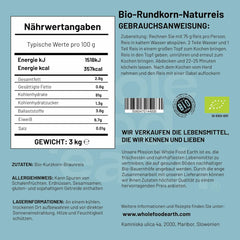 Teljes értékű földből készült bio rövid szemű barna rizs 3 kg nem GMO vegán rostforrás ellenőrzött biogazdálkodásból