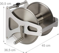 Relaxdays Rolă metalică pentru furtun, înfășurare furtun goală, oțel inoxidabil și aluminiu, montare pe podea și perete, 30,5x45x36,5 cm, argintiu