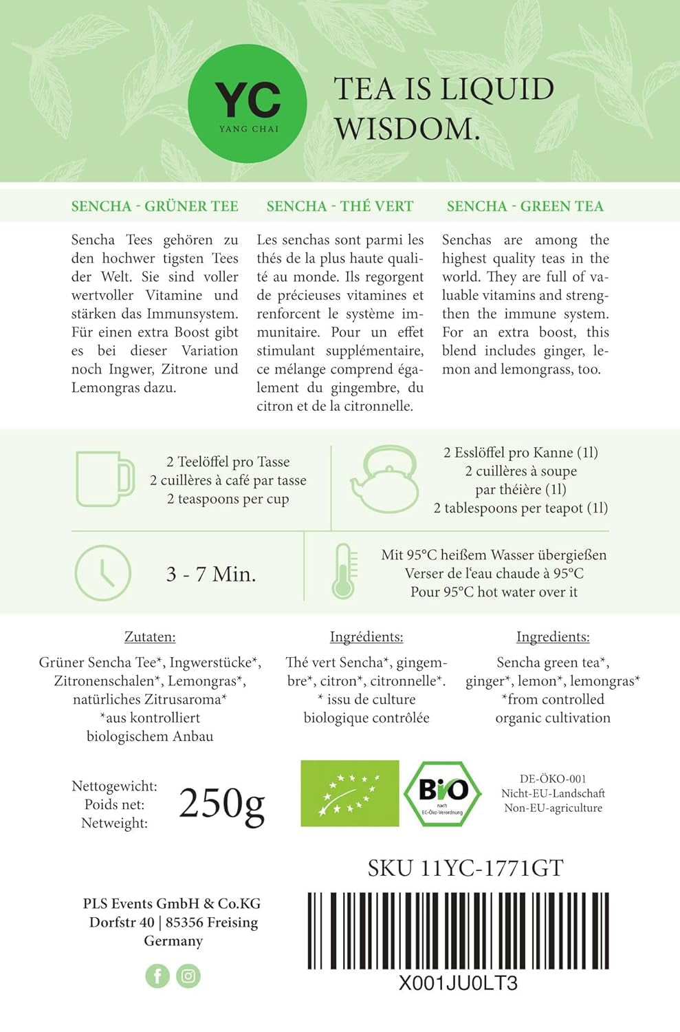 YC Yang Chai Sencha Ceai verde BIO 250G - Ceai japonez vrac cu aromă de bergamotă - Ceai verde japonez original „Sencha Dynasty” din culturi ecologice controlate