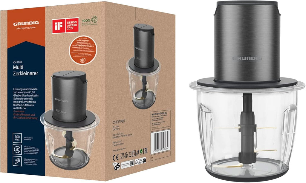 Grundig Delisia Novus CH 7140 Professioneller Multi-Zerkleinerer, 500 Watt, 4 Edelstahlmesser Mit Zirkonium-Beschichtung, 1L Glasbehälter, 2 Stufen, Anti-Rutsch-Unterlage, Dark Inox/Schwarz Bucatarie Naty Shop
