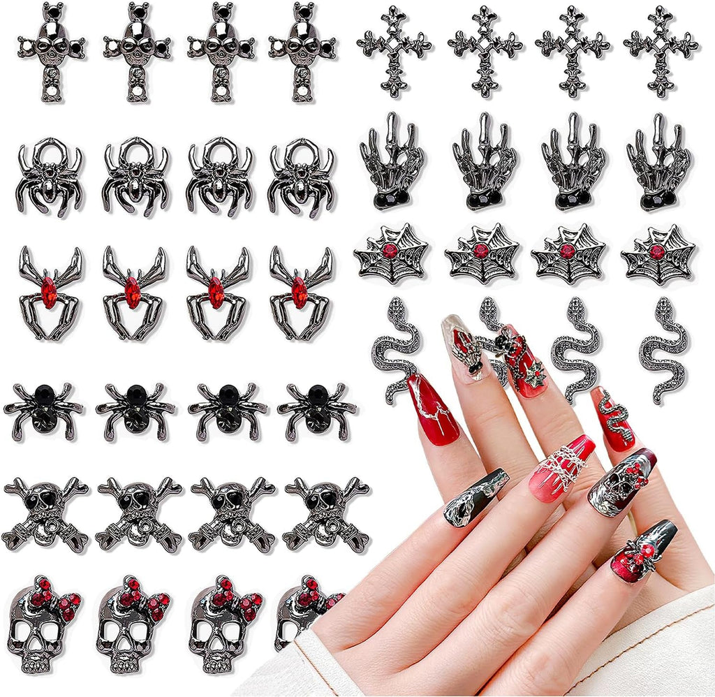 40 Stück 3D-Halloween-Nagelkunst-Charms, Vintage-Punk-Legierung, Nagelanhänger, Totenkopf, Geist, Fledermaus, Spinne Mit Strasssteinen, Legierung, Nagelkunst, Schmuck Für Halloween, DIY,