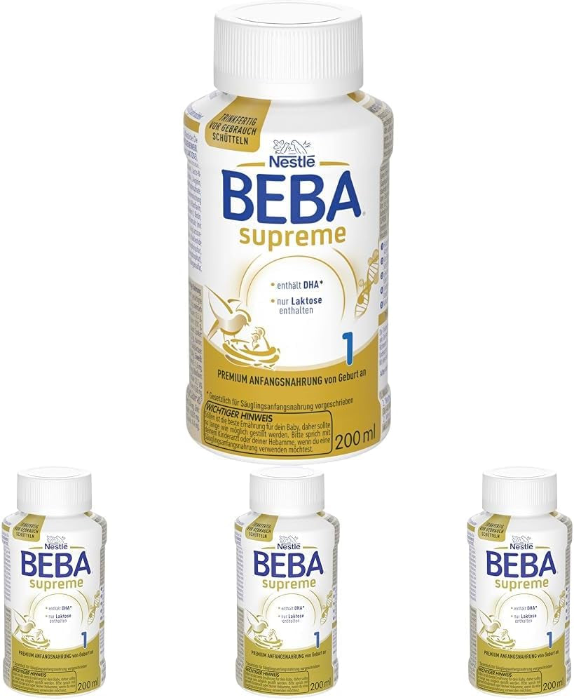 BEBA Nestlé BEBA SUPREME 1 Csecsemőtej: fogyasztásra kész palackok Omega 3-mal, 4 db-os kiszerelés (1 x 200 ml)