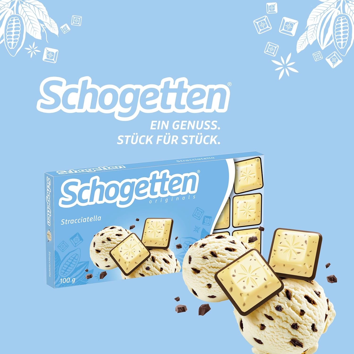Schogetten Stracciatella csokoládé 100g, egyenként adagolva. Öröm. Darabról darabra.