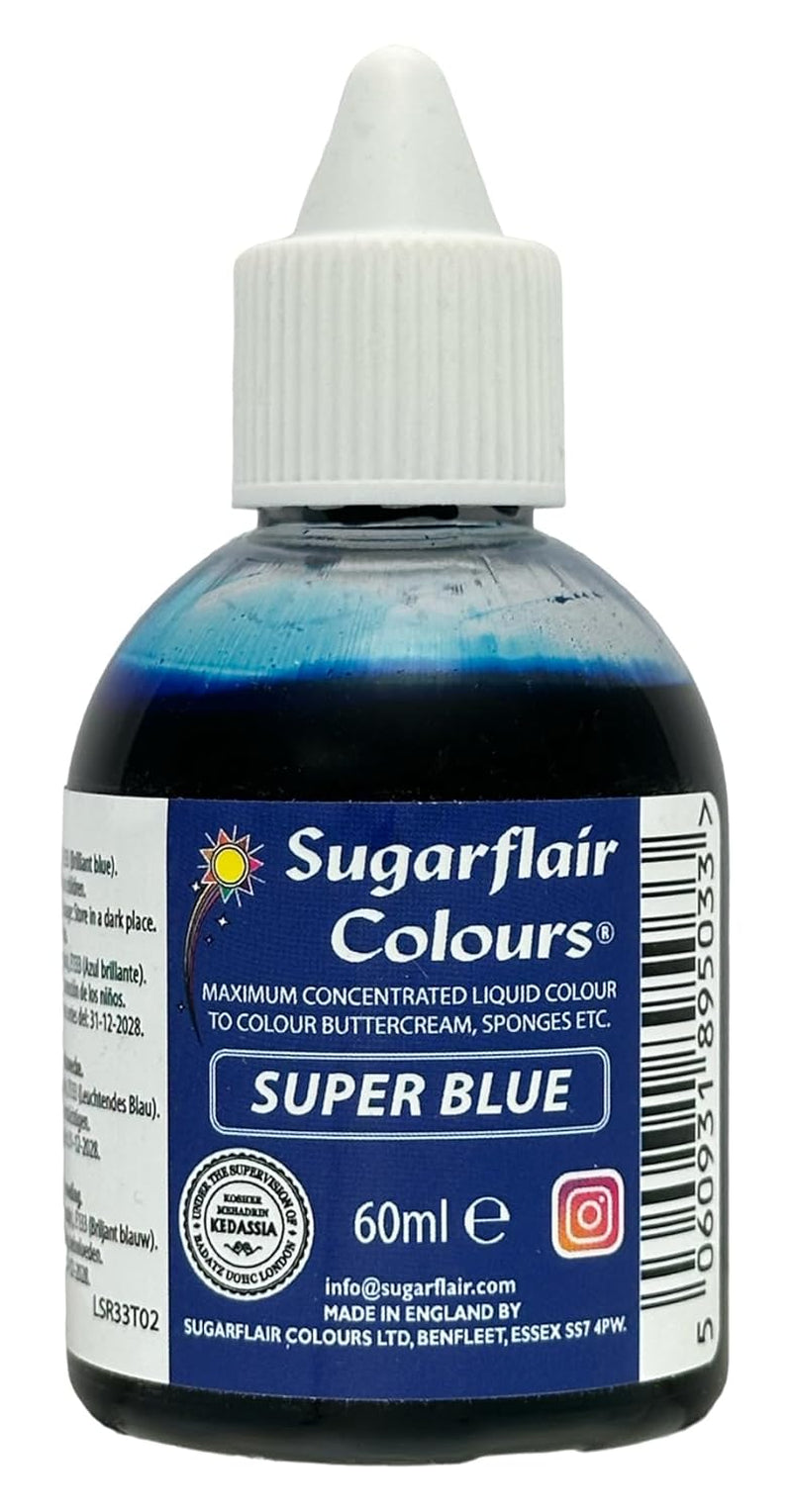 Colorant alimentar lichid Sugarflair Super Blue - Colorant alimentar foarte concentrat pentru colorarea pastei de zahăr, cremei de unt, glazurii, macaroanelor, decorațiunilor pentru torturi și multe altele - 60 ml