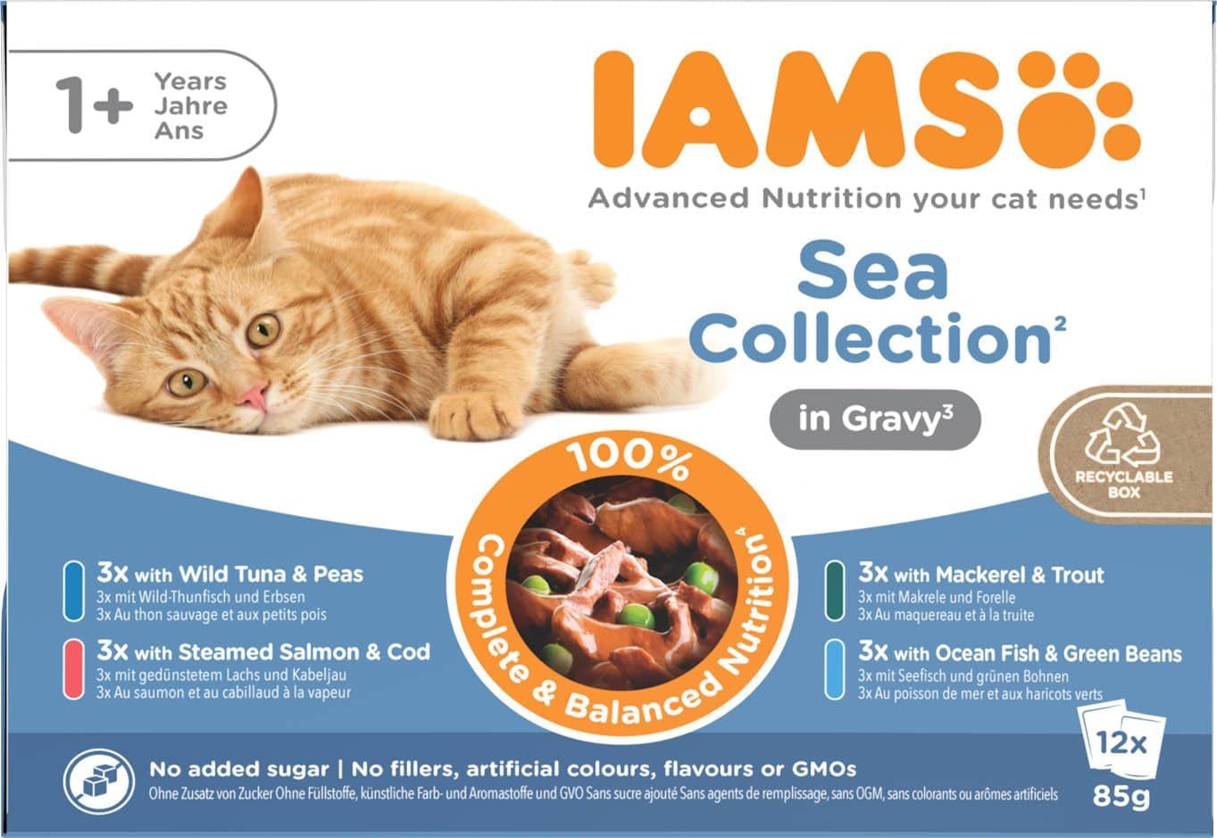 IAMS Delights Sea Collection Katzenfutter Nass - Multipack mit Fisch Sorten (Lachs, Thunfisch, Makrele, Seefisch) in Sauce, Nassfutter für Katzen ab 1 Jahr, 12 x 85g