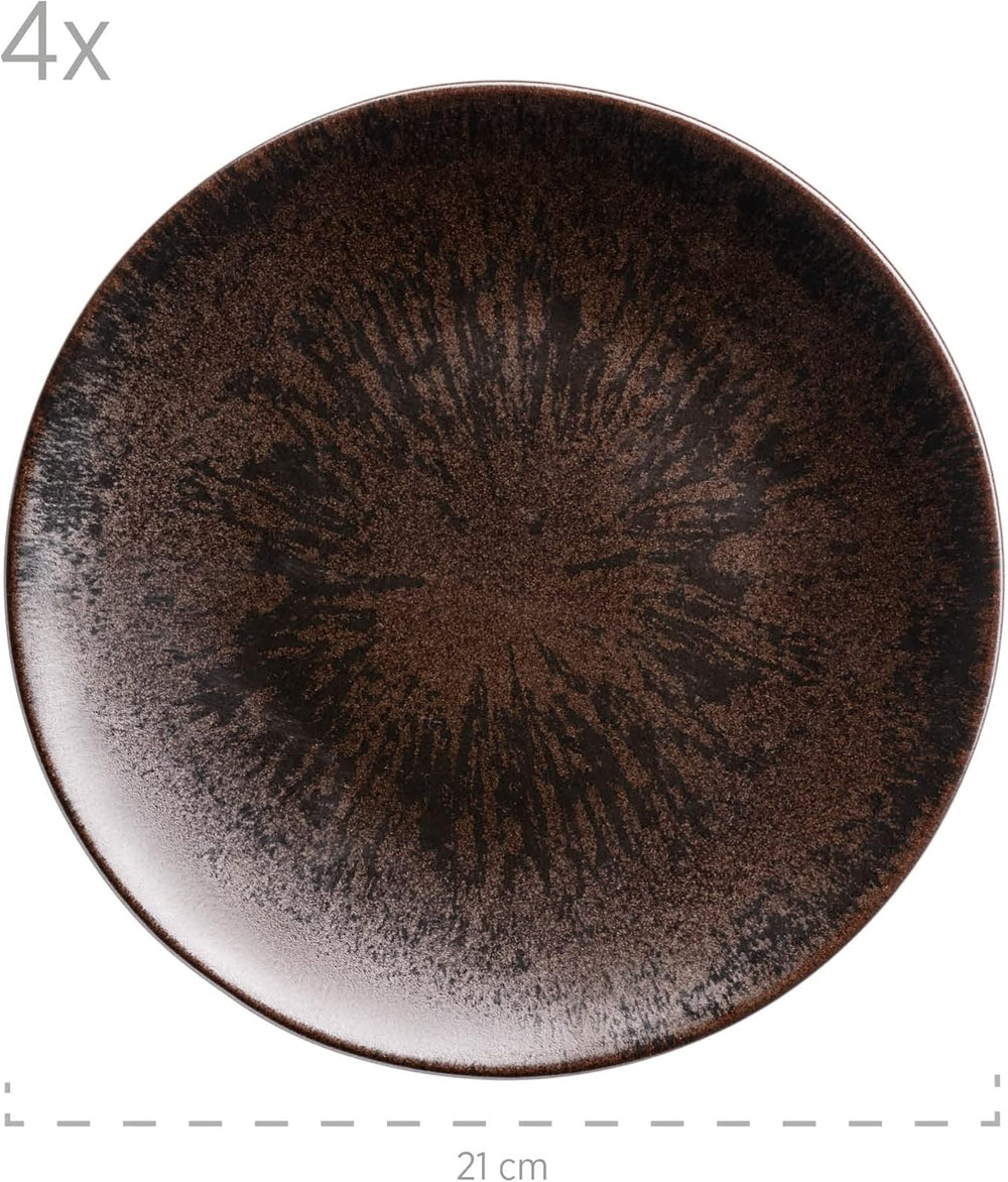 MÄSER Bronz Metallic, serviciu de masă cu 12 piese pentru 4 persoane cu glazură elegantă și lucioasă, set de farfurii cu farfurie de cină, farfurie de sumă și farfurie de desert din ceramică de înaltă calitate, gresie, maro