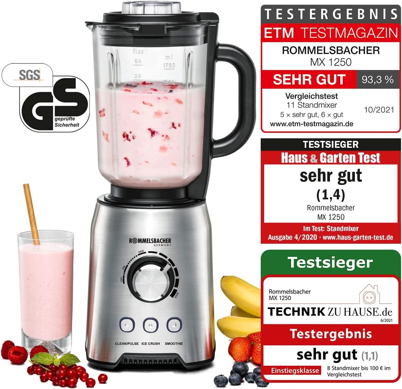 ROMMELSBACHER állókeverő MX 1250-22 000 U/min, Stufenlose Drehzahlregulerung, Funktionsstasten (Smoothie, Clean/Pulse, Ice Crush), Glaskrug, Edelstahlgehäuse, Spezialmesser, 1200 Watt Kitchen Naty Shop