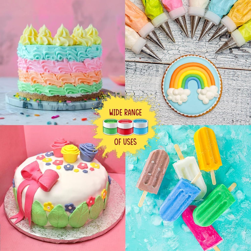 Colorant alimentar natural pudră (6 x 3,5 g) – Pachet multiplu de coloranți comestibili pudră – Culoare foarte concentrată pentru glazură, fondant, decorațiuni pentru torturi și macarons – Sigur pentru alimente și vegan (cald, se fixează)