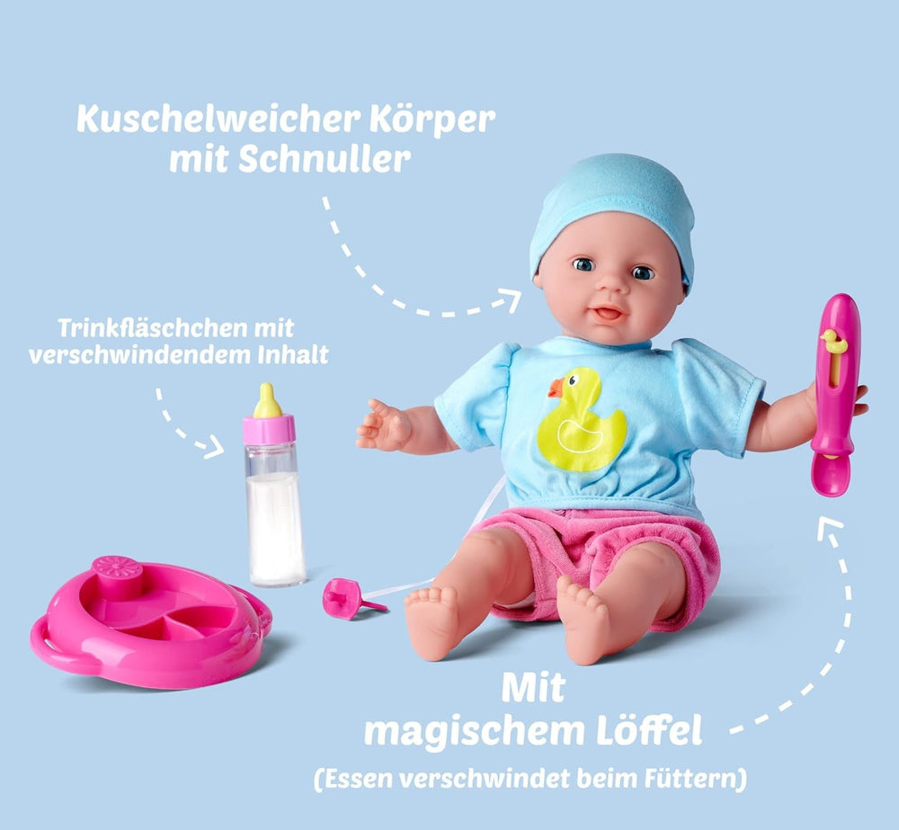 Simba 105010964 - Laura Hungry puha testű baba próbababával, varázskanállal, eltűnő tartalmú üveggel és kis tányérral, 38cm, baba 2 éves kortól Naty Shop Dolls