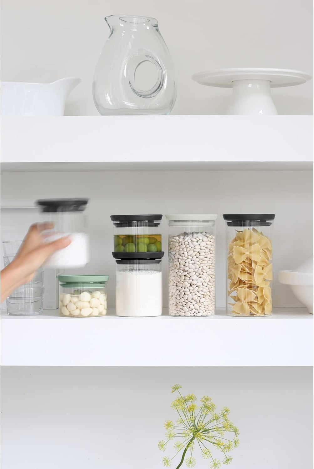 Brabantia - Recipient de sticlă stivuibil cu capac - Set de 3 - Depozitare alimente - Păstrează alimentele proaspete pentru mai mult timp - Sigiliu din silicon - Se spală în mașina de spălat vase - Gri închis/gri deschis/verde jad - 0.3L/0.6L/1.1L Cutii depozitare alimente Naty Shop