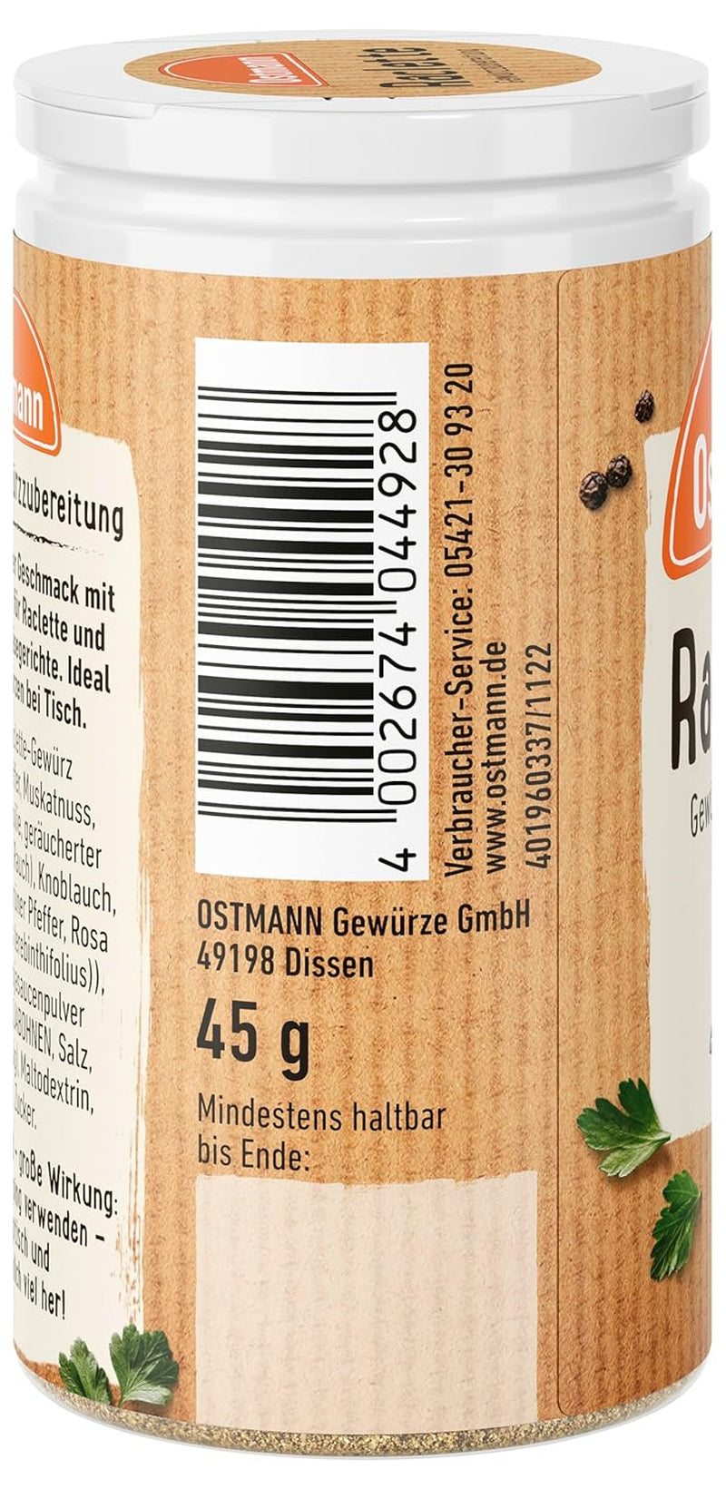 Ostmann Gewürze - Raclette Gewürzzubereitung | Zum Würzen von Käsegerichten | Recyclebare, nachfüllbare Streudose | 45 g Streuerben
