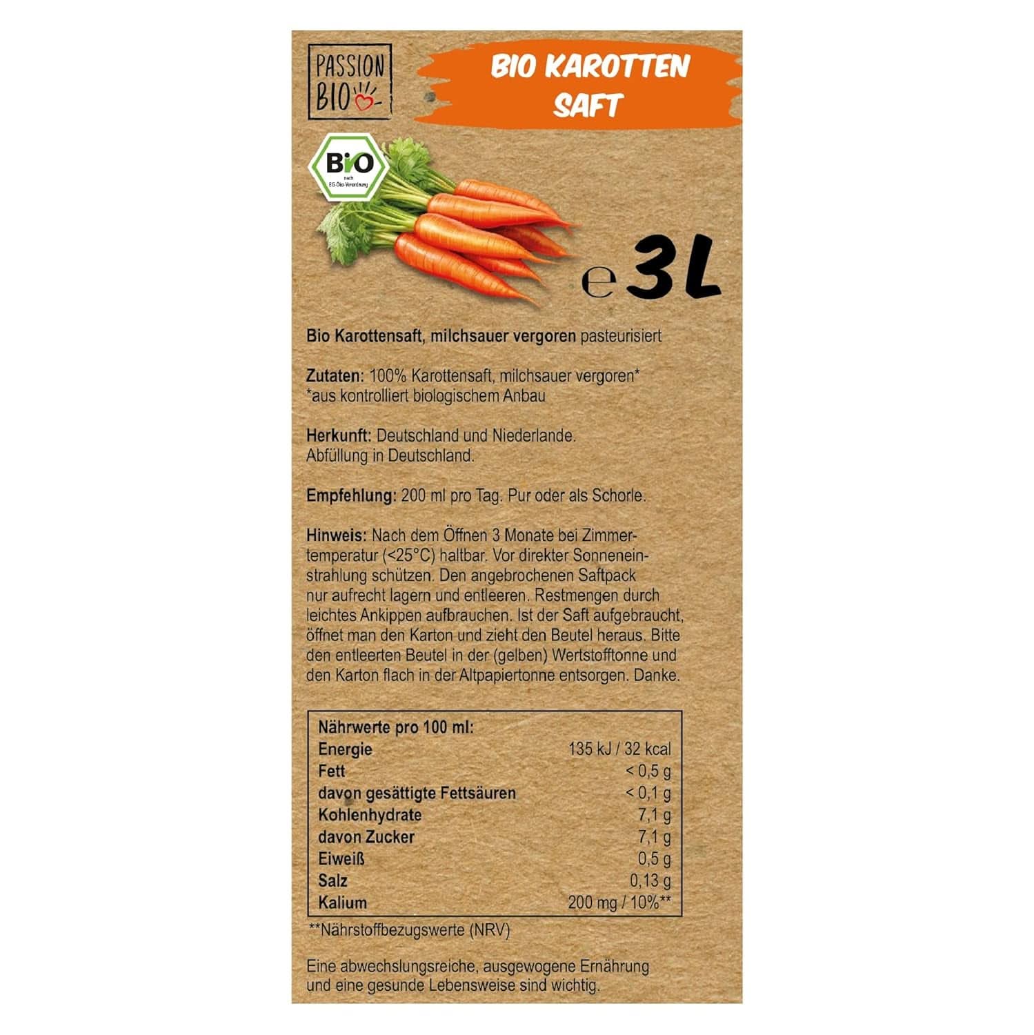 Suc organic de morcovi - Fabricat din morcovi germani și olandezi, 3 litri Bauturi fara alcool Naty Shop