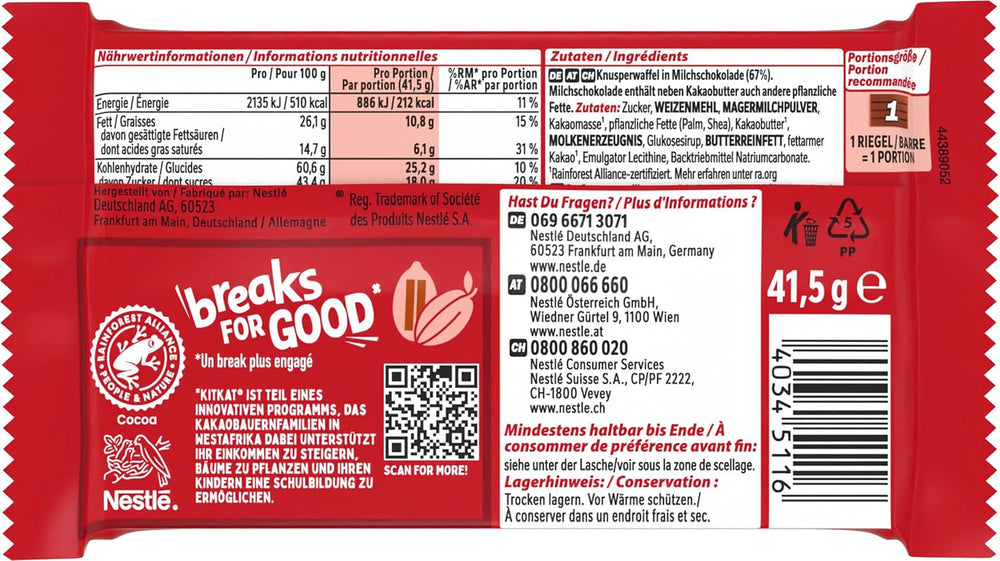 Nestlé KitKat klasszikus csokoládészeletek tejcsokoládé ropogós ostyaszeletek, 24 csomag (24 x 41,5 g)