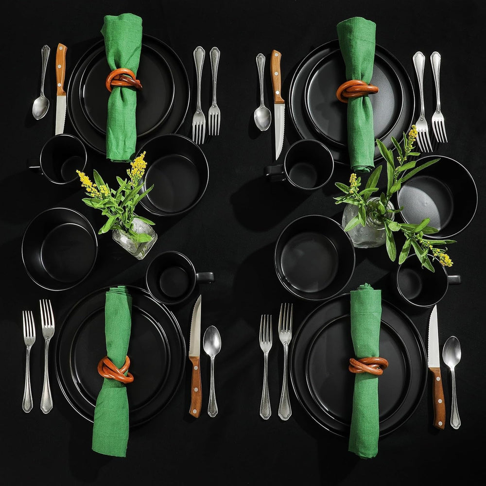 Set de veselă Bowery, 32 de piese, negru mat, gresie, farfurii, boluri și căni, serviciu pentru 8 persoane