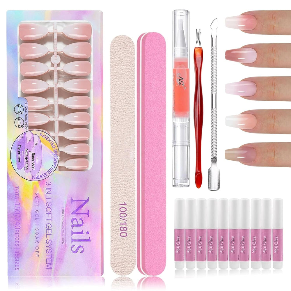 Kit 150 bucăți unghii false gradient - 5 culori design ombre unghii artificiale autoadezive - acoperire completă pentru femei și fete - unghii false lucioase pentru manichiură DIY (pătrat)