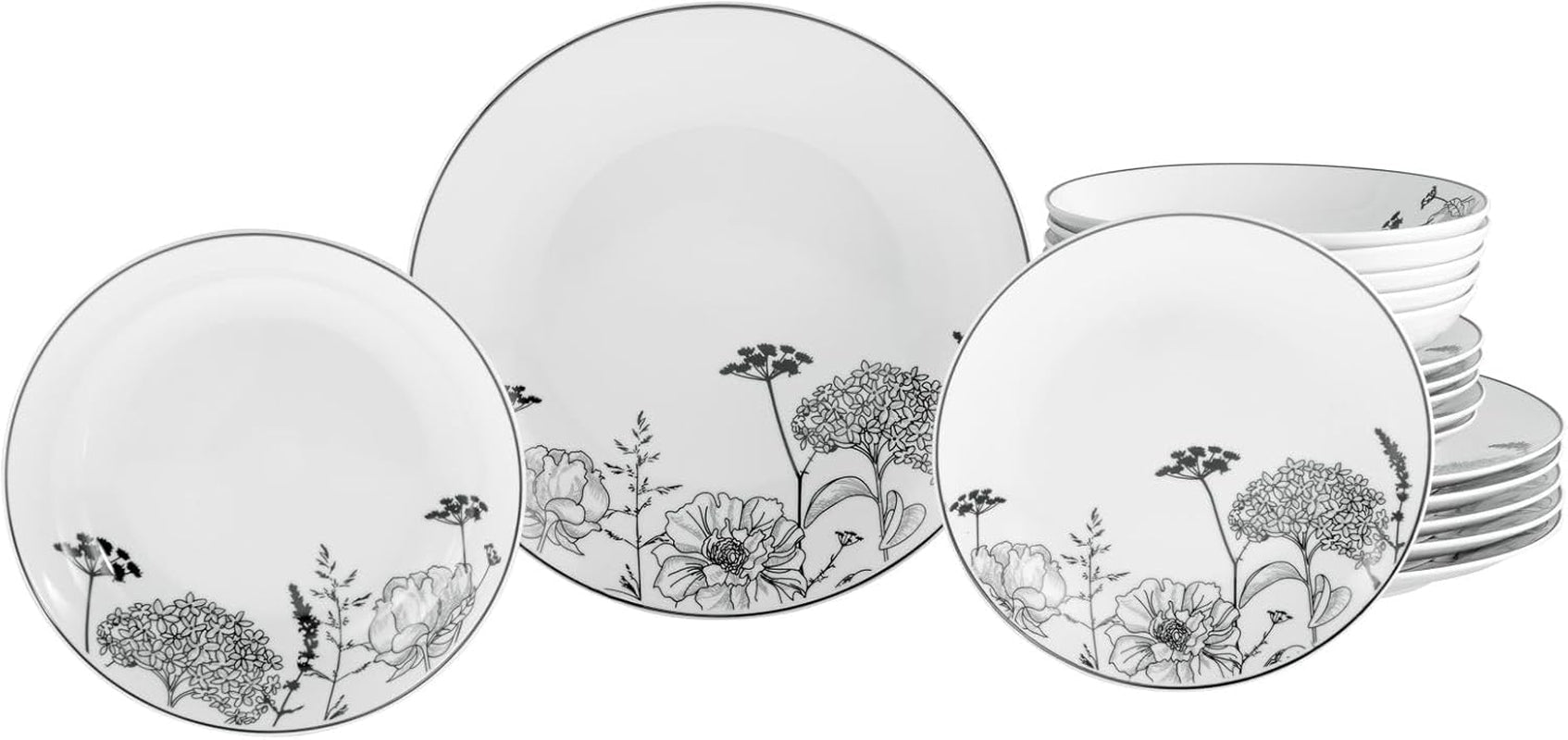 Creatable, 22673, Serie Luna Black Flower, 18-Teiliges Geschirrset Für 6 Personen, Teller Set Aus Porzellan, Spülmaschinen- Und Mikrowellengeeignet, Qualitätsproduktion Seturi vesela masa Naty Shop Default Title
