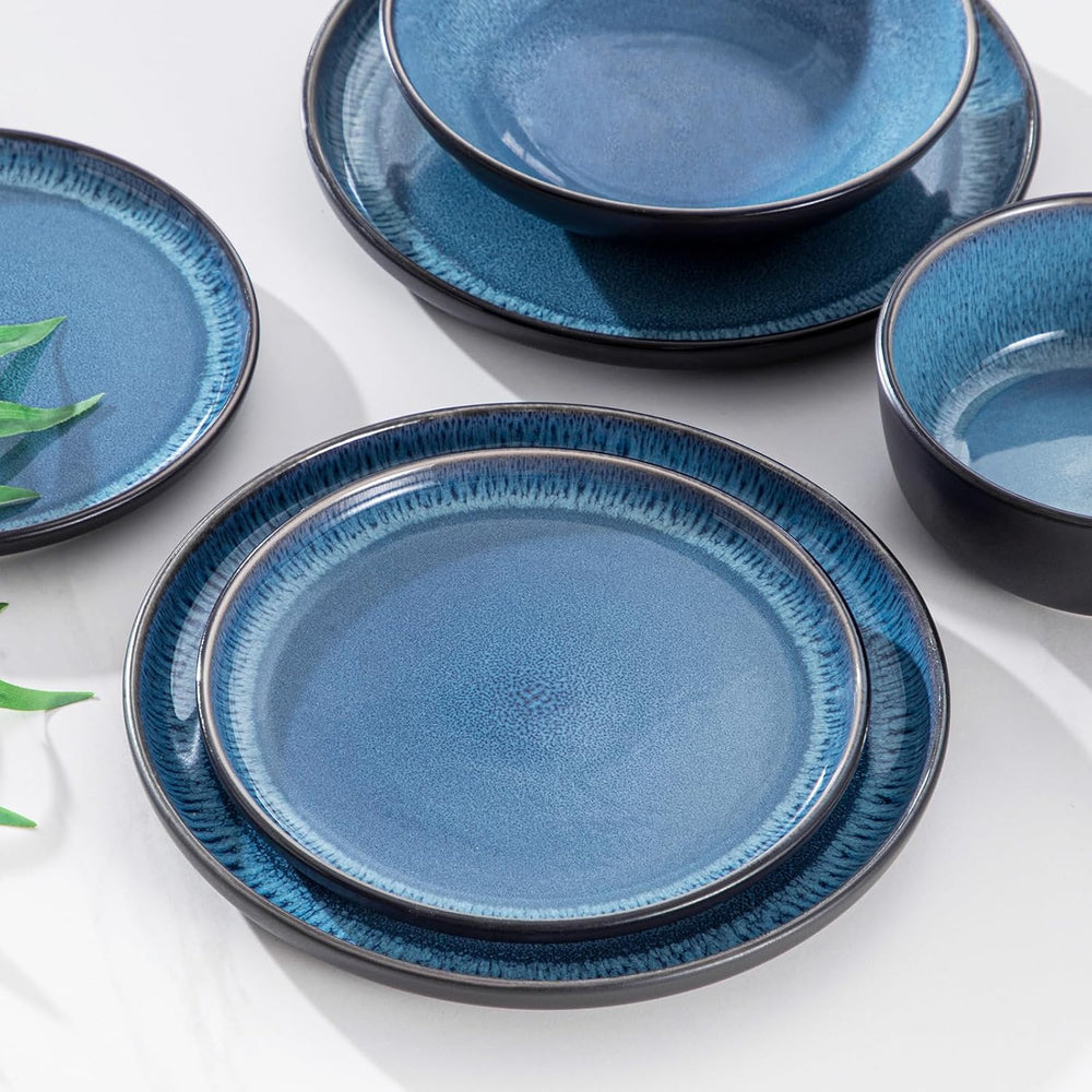 Set de veselă pentru 6 persoane, set de veselă din gresie Vancasso PLAYA, 24 de piese pentru 6 persoane, albastru, inclusiv farfurii, farfurii de sumă, boluri și farfurii de salată, potrivit pentru mașina de spălat vase și cuptorul cu microunde