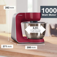 Bosch Küchenmaschine Serie 4 Mum58720, Edelstahl-Schüssel 3,9 l, turmixgép 1,25 l, Planetenrührwerk, Knethaken, Schlag, Rührbesen, Durchlaufschnitzler, 3 Scheiben, 1000 W, Dunkelstahl-Schüssel és Chilber