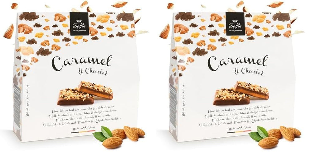 Dolfin Caramel & Ciocolată, fabricat în Belgia, 200 grame Bomboane de Ciocolata Naty Shop 2 x 200 grame Ciocolata cu Migdale si Nibs de cacao