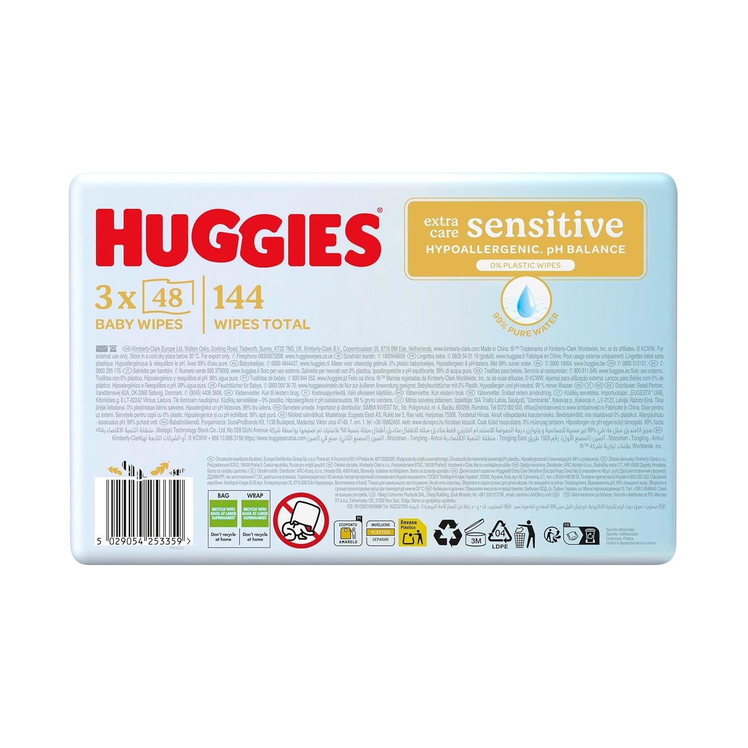 Huggies Pure Extra Care Sensitive baba törlőkendők, 99% víz, műanyag mentes, illatanyag mentes