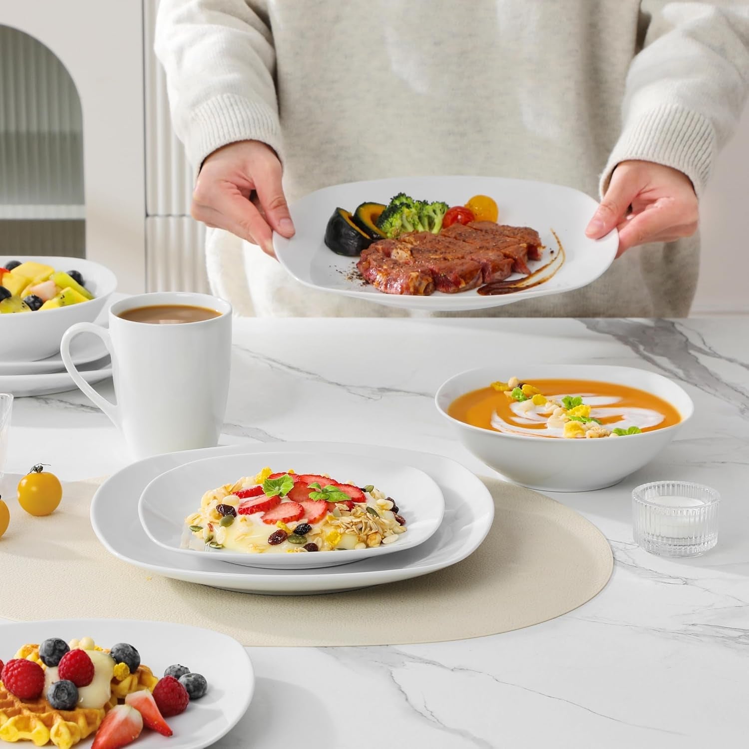 Set de veselă MALACASA pentru 4 persoane, serviciu de masă cu 16 piese din porțelan alb, set de veselă modern cu 4 farfurii de cină, farfurii de desert, farfurii de sumă și cești, seria ELISA