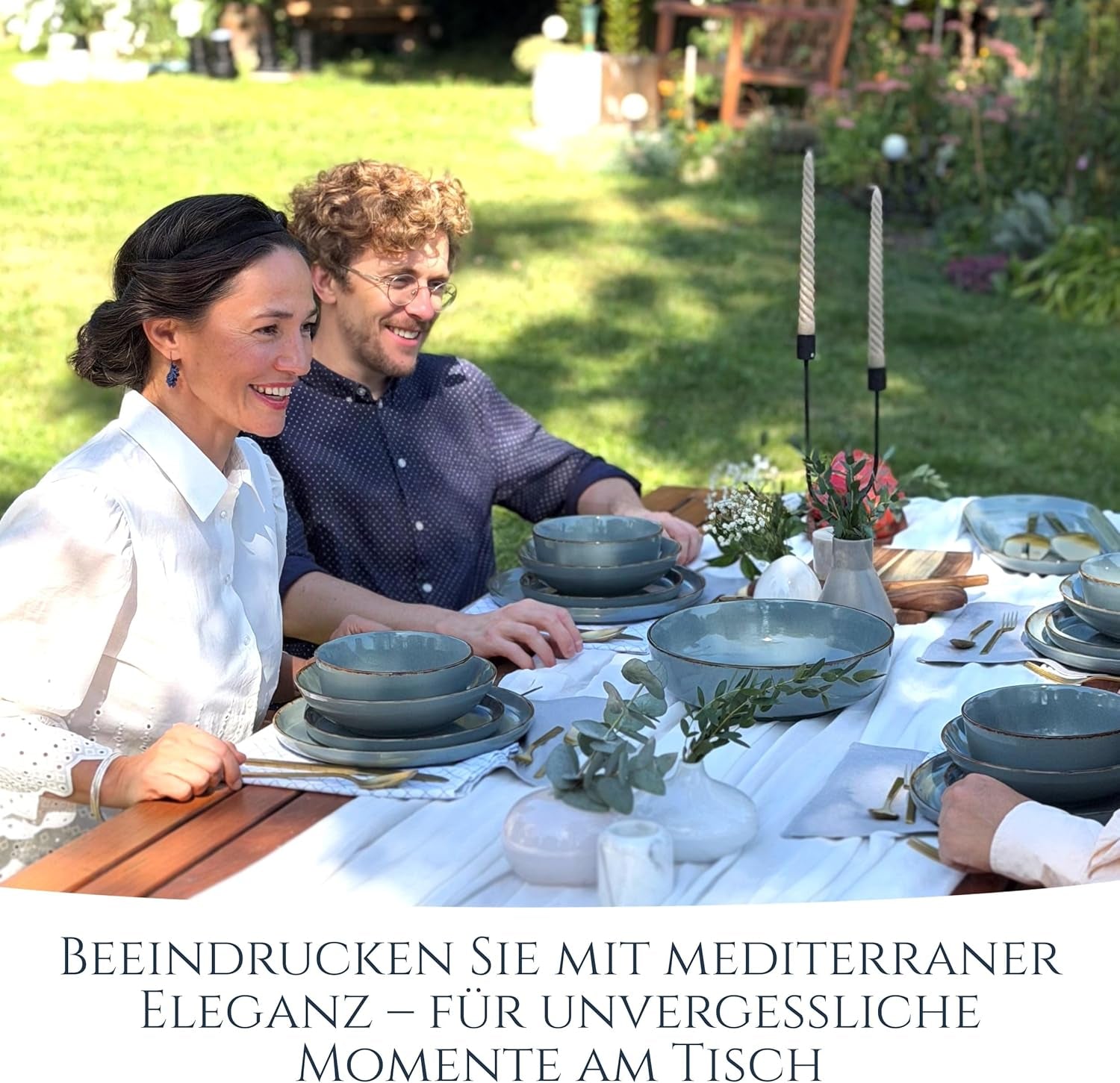 Steingut Geschirrset 6 Personen Rustic 24 tlg. TESTSIEGER, Hochwertiges Landhaussttil Steingut Geschirr Set, Schüssel- und Teller Set, Tafelservice 6 Personen, Geschirrsets Pure Living in Rauchblau