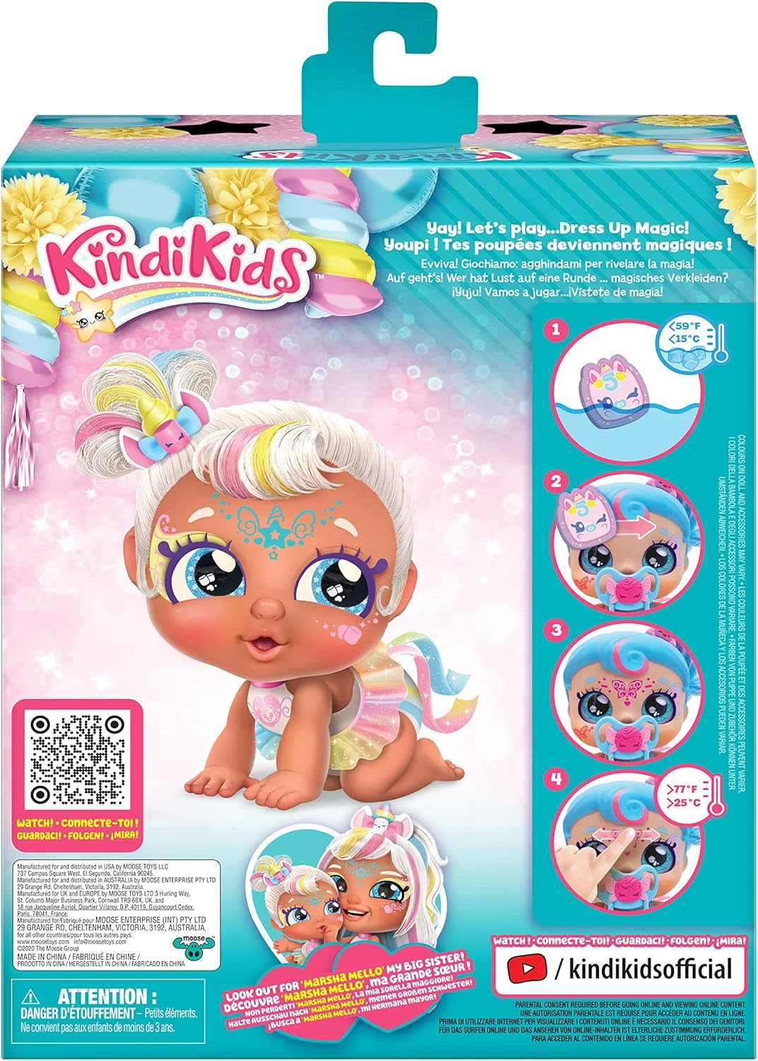 Baby Sister-Puppe Mini Mello als Einhorn, 1 Puppe mit Spielzeug Pacifier und Zauberschwamm für magische Gesichtsbemalung. Große, glitzernde Augen, biegsame Arme und Beine, 50275